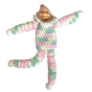 Vintage Handmade YoYo Circle Crochet Clown Doll White Pink Green Long Legs Arms